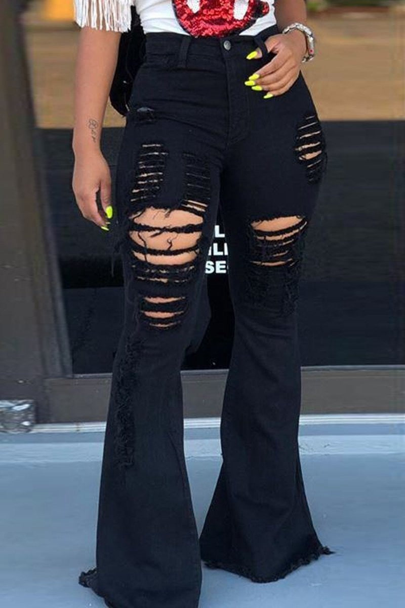 Black High Waist Distressed Flare Jeans - TRNDSETR